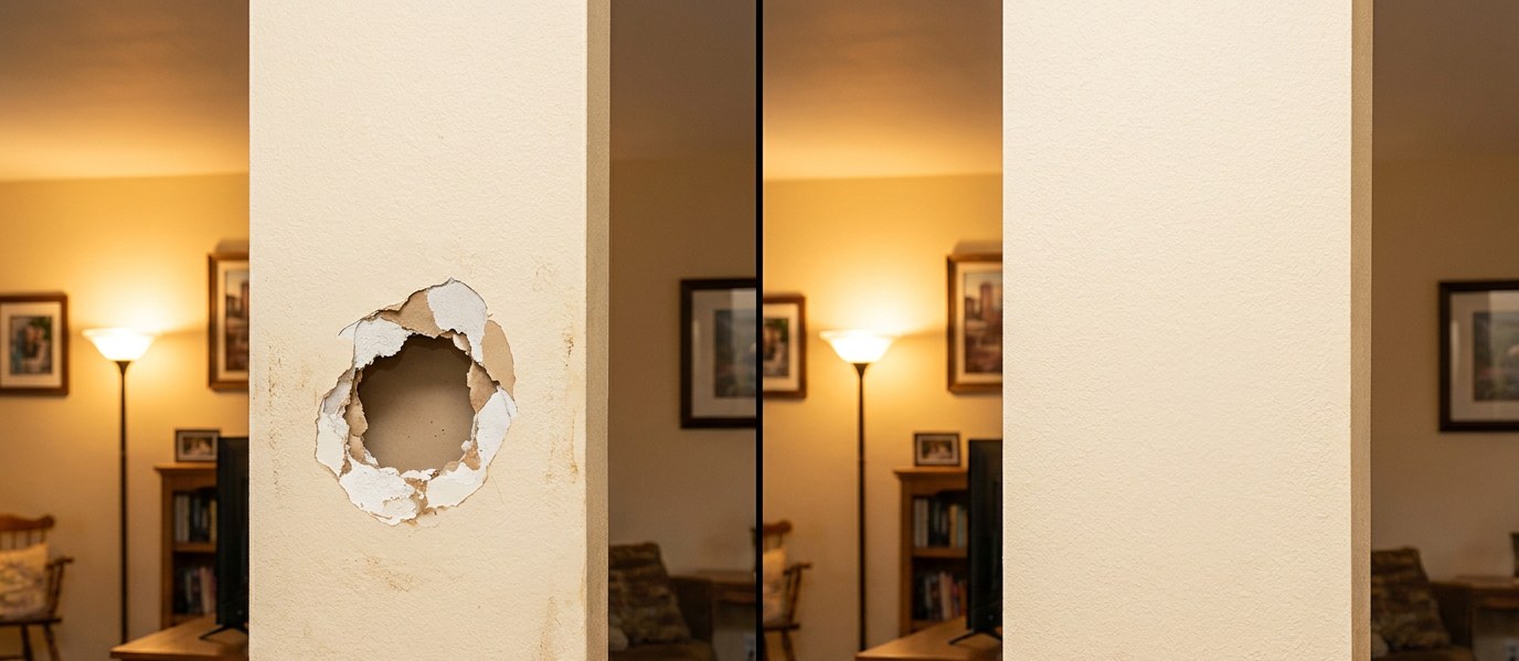 Drywall hole repair before and after in Albany Georgia Dougherty County texture match orange peel invisible patch