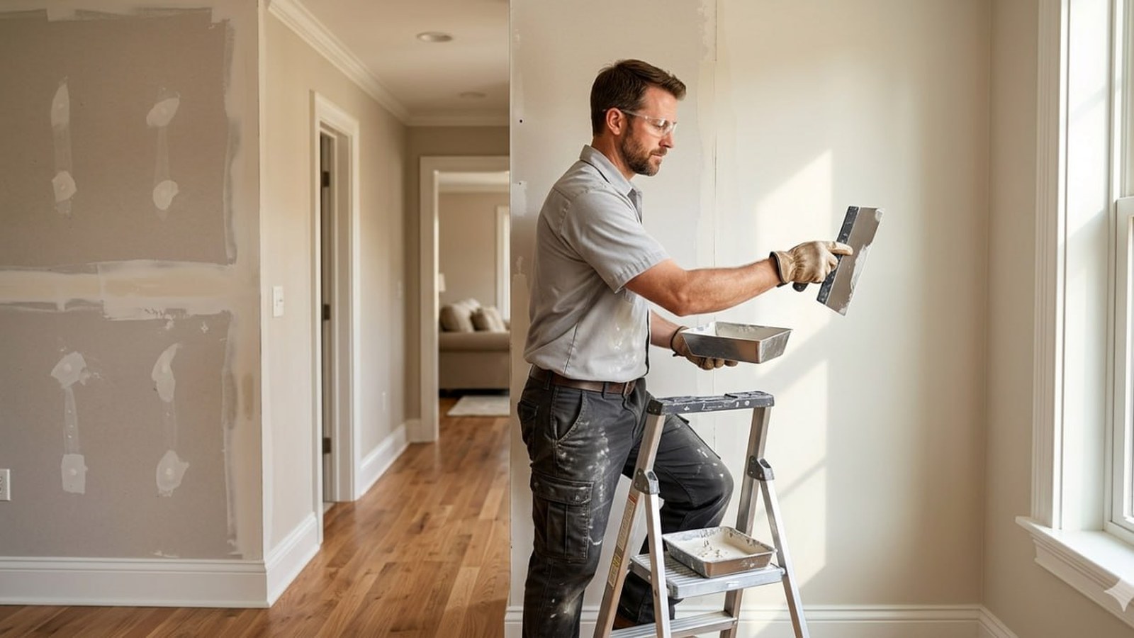 Drywall repair technician smoothing compound on an interior wall in an Albany Georgia home